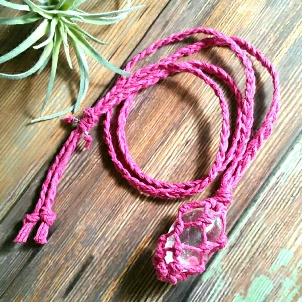 Hand Crafted Quartz Pink Hemp Necklace